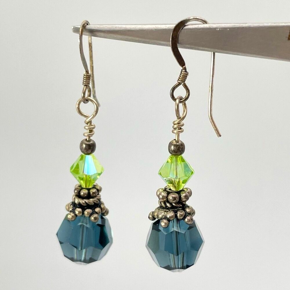 Blue Green Glass Dangle Sterling Silver Dangle Earrings Boho Statement Cute